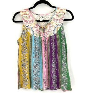 One September Anthropologie Boho Larkspur Embroidered Patchwork Print Tank Flowy
